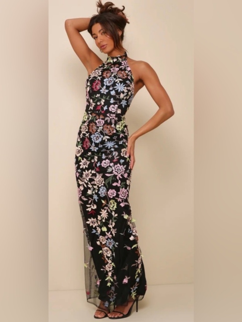 Lulu's Infinite Praise Black 3D Floral Embroidered Halter Maxi Dress NWT Size L